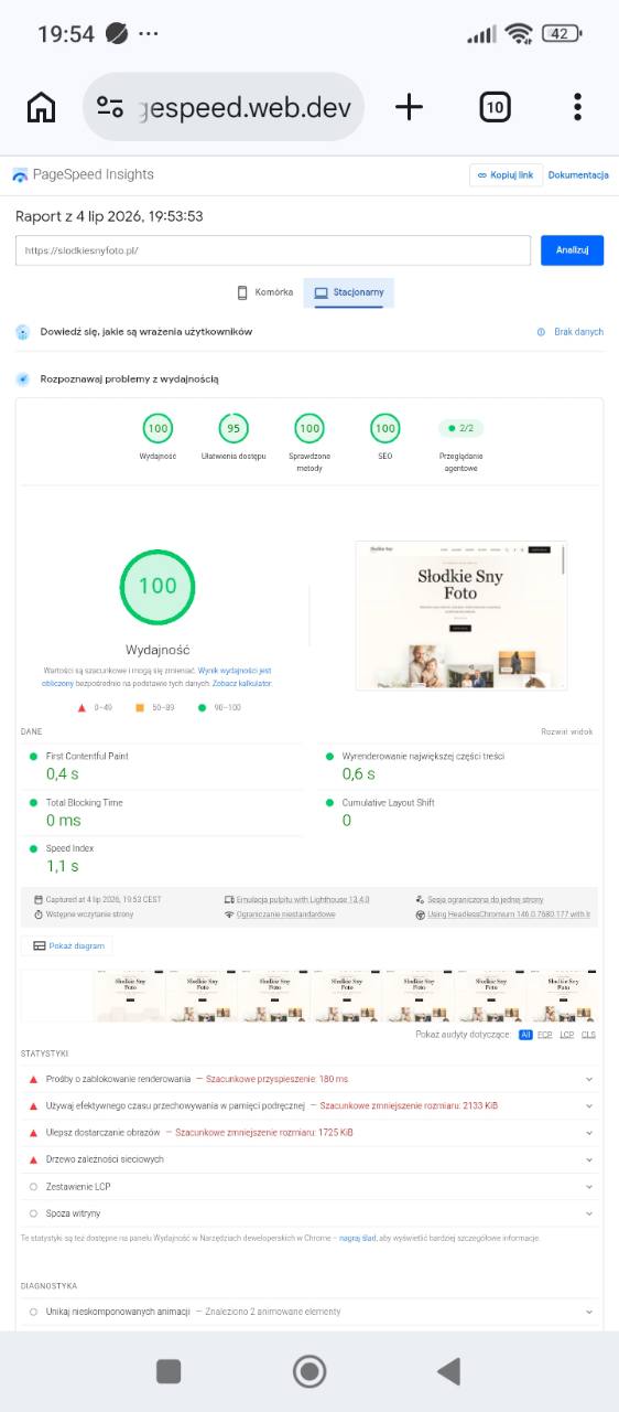 Potwierdzenie wyniku PageSpeed dla slodkiesnyfoto.pl