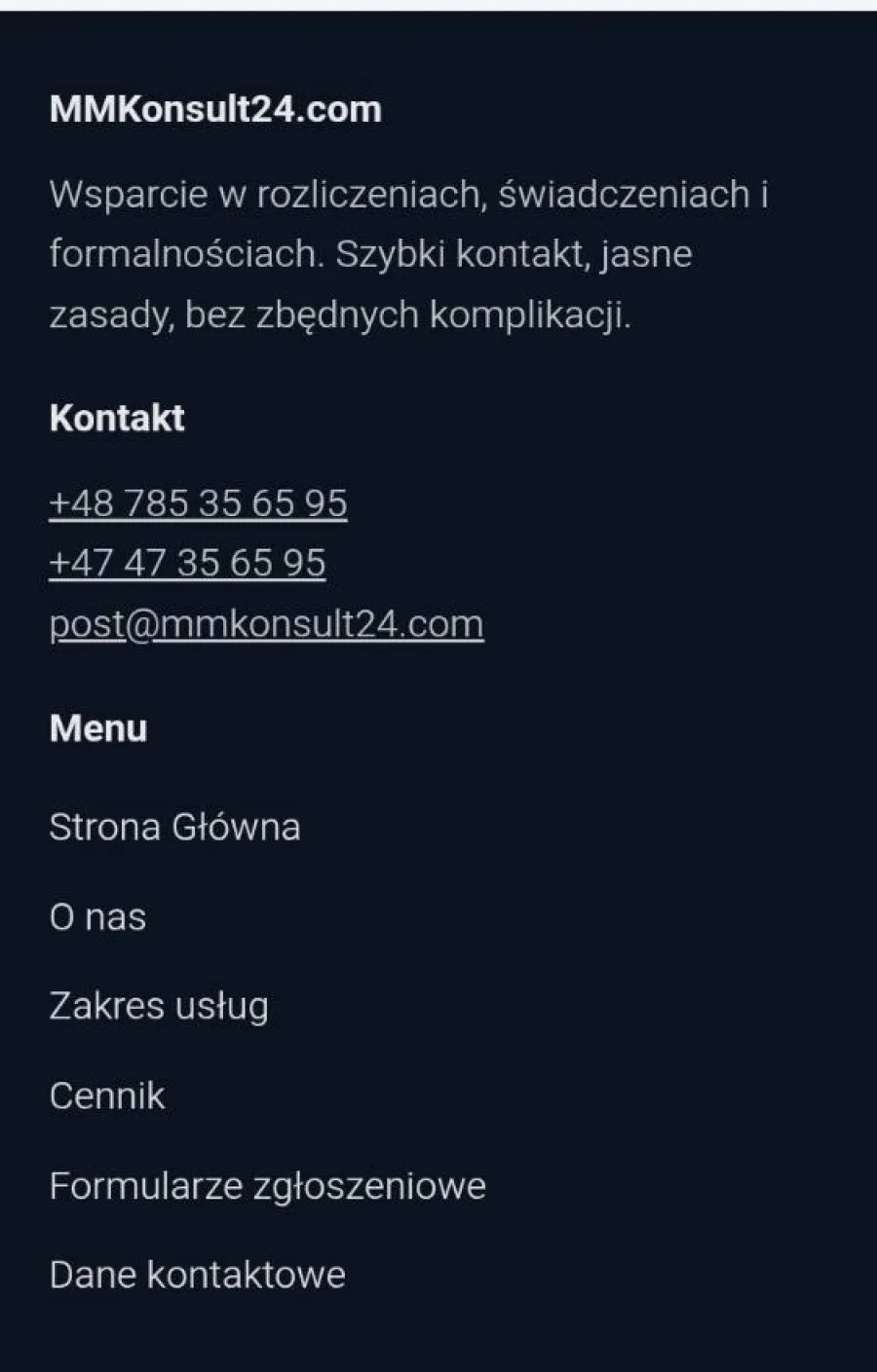 Stopka strony MMKonsult24 z kontaktem i menu