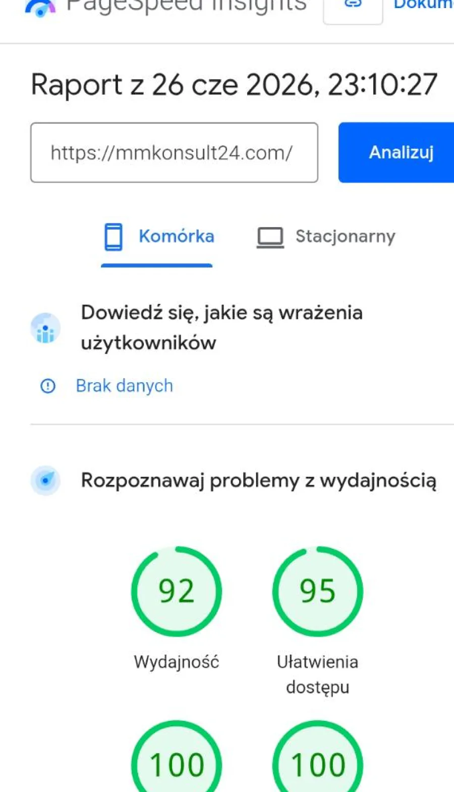 PageSpeed Insights mobile dla MMKonsult24: wydajność 92, SEO 100