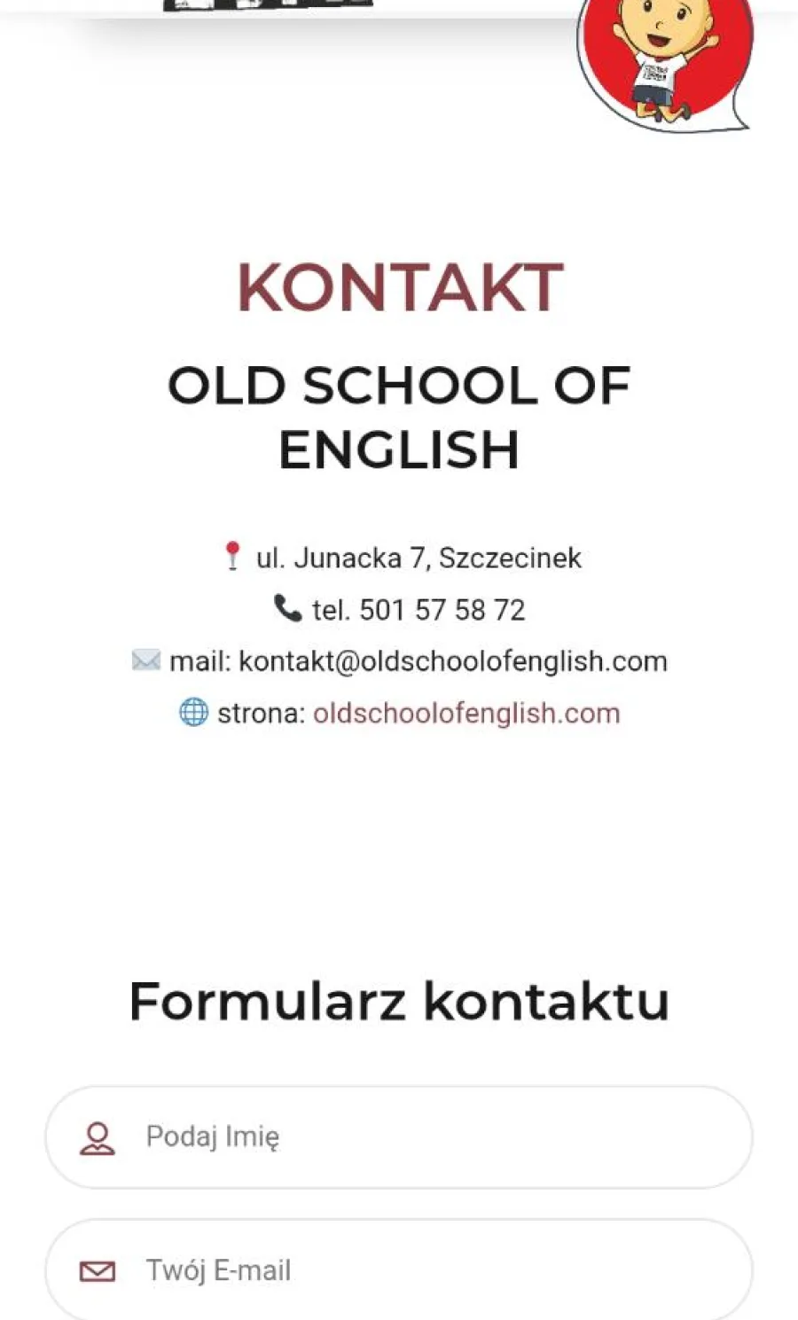 Sekcja kontaktu i formularz na stronie Old School of English