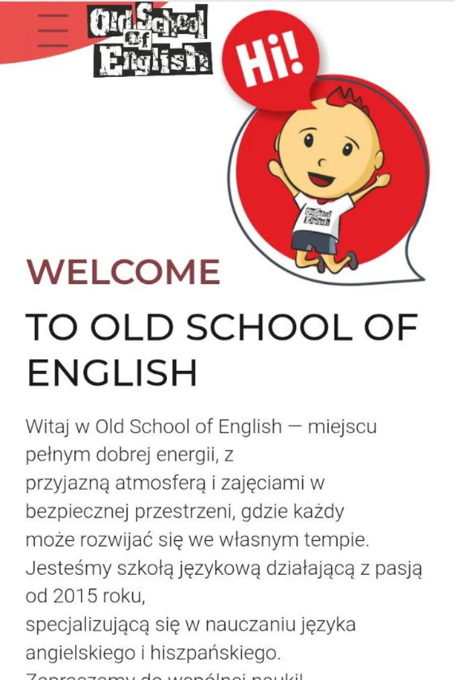 Mobilny widok strony Old School of English z postacią i nagłówkiem powitalnym